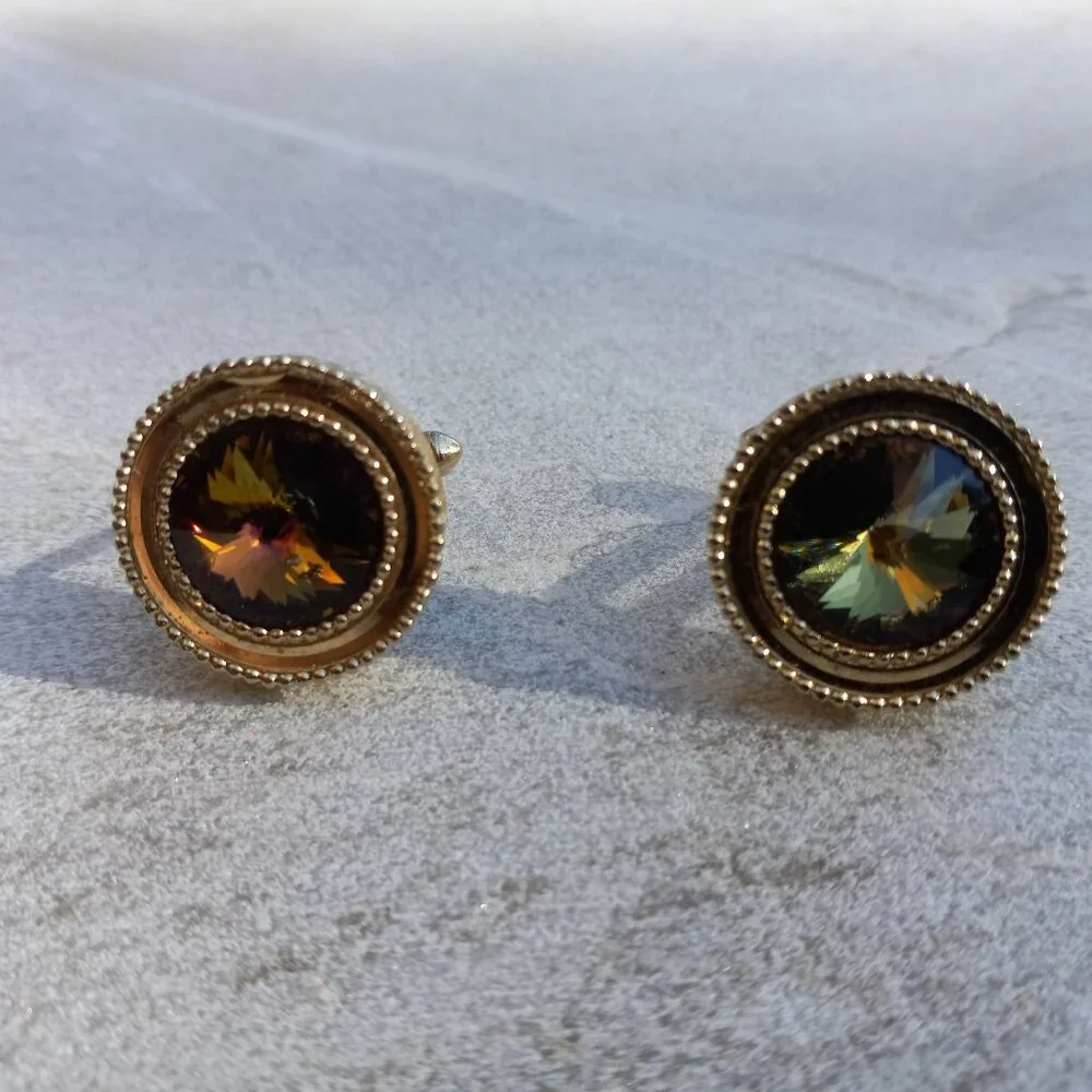 1960s MCM Swarovski Rivoli Crystal Gold Cufflinks Mad Men Style